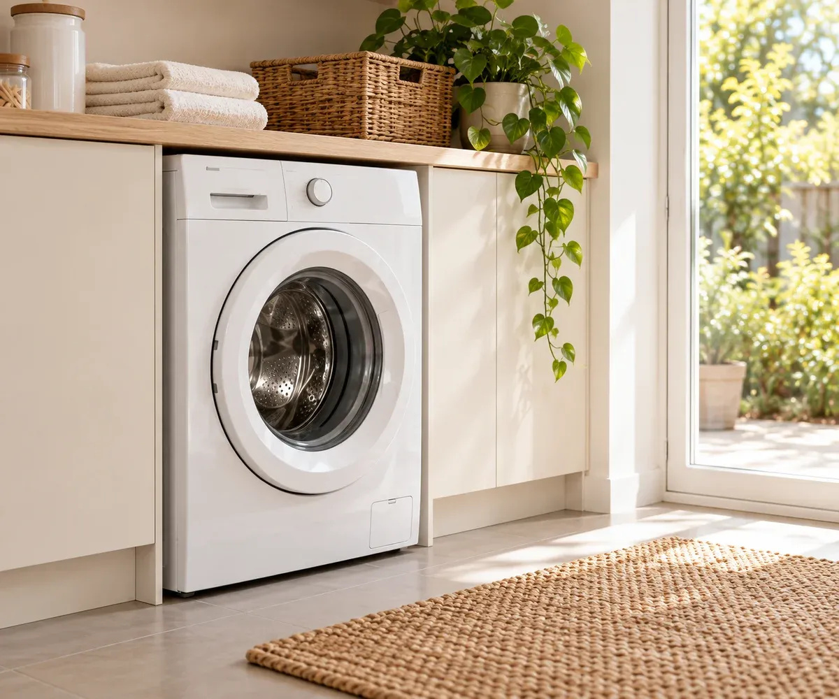 A front-loading washing machine in a bright, well-kept laundry